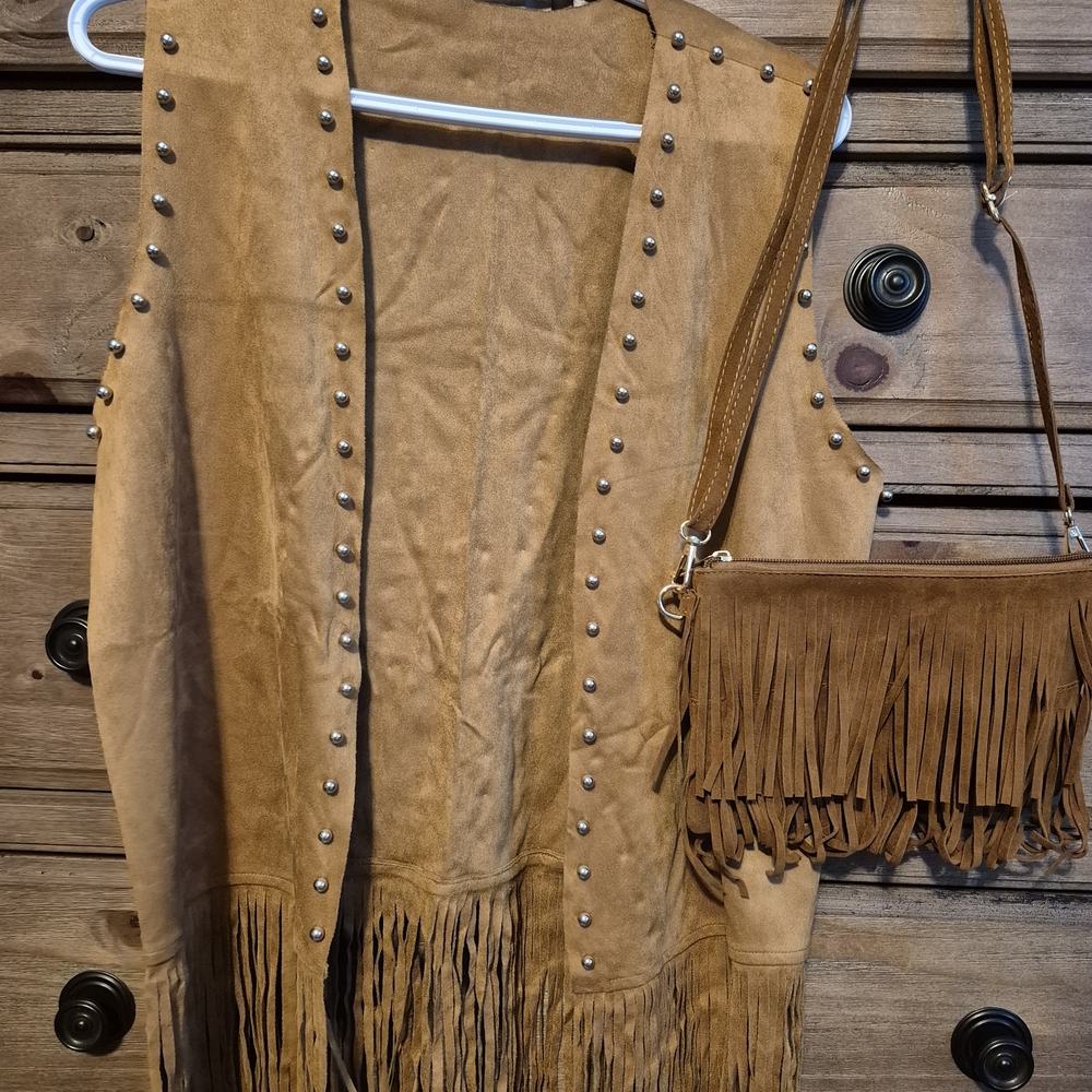 Tan Suede Fringe Vest and Bag Set
